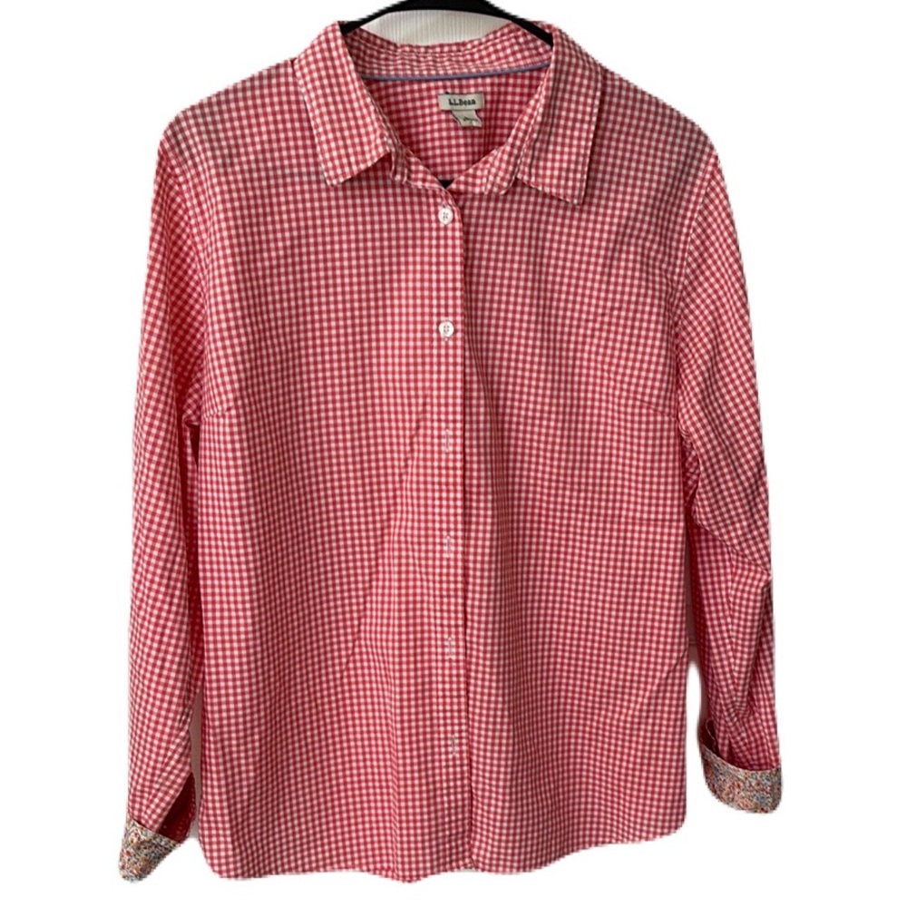 L.L. Bean cotton Gingham Shirt Reddish Pink floral rolled sleeves Sz L
